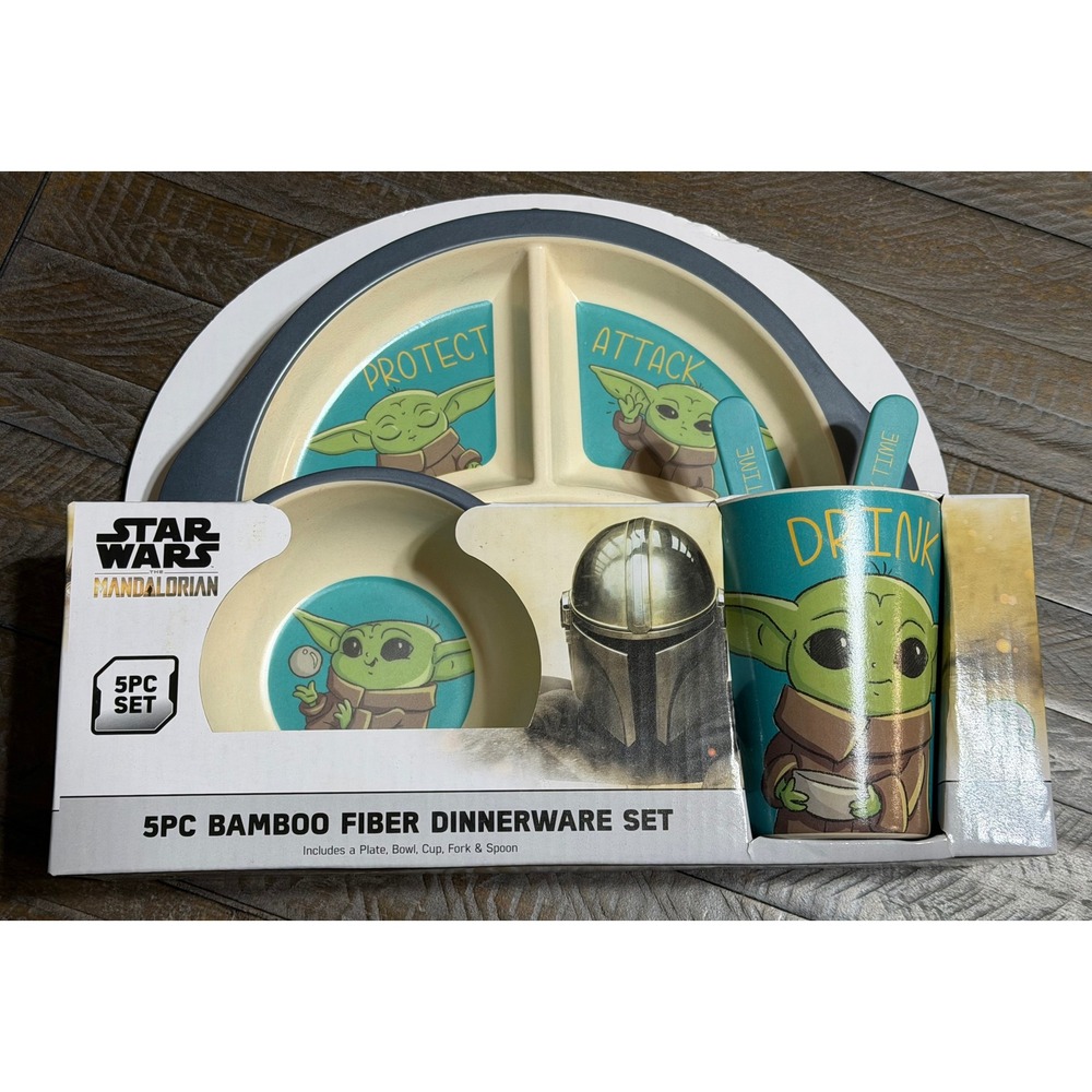 Star Wars Mandalorian Dinnerware Set Kids OS Blue New Bamboo Baby Yoda 5pc